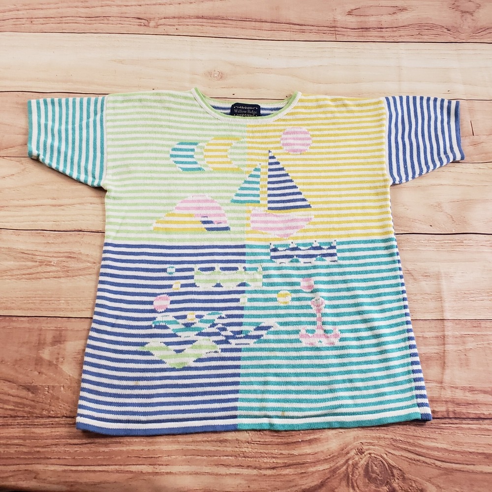 VINTAGE Willow Ridge Shirt Womens Large Blue Yellow Colorblock Knit Casual 90s